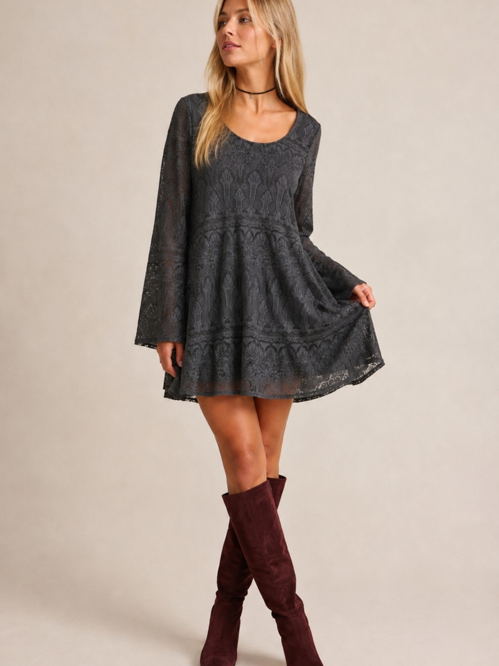 Altar'd State Charcoal Lace Open Back Bell Sleeve Dress Large Boho EUC - Picture 2 of 6